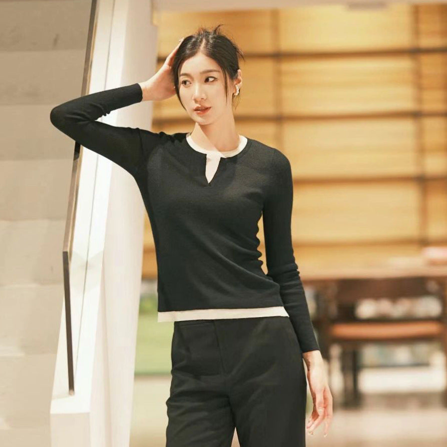 Worsted Round Neck False Two Pieces Woolen Women's Slim Stretch Bottoming Shirt Layered Sweater