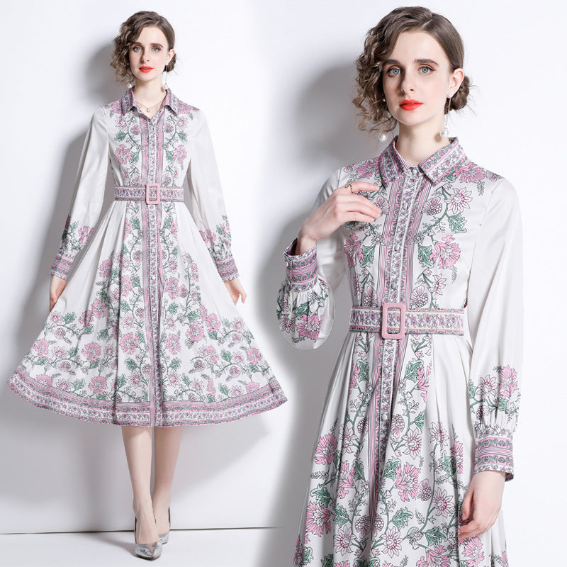 Elegant Lapel Slim-fit Mid-length Printed Shirt Collar High Class Elegant Dress