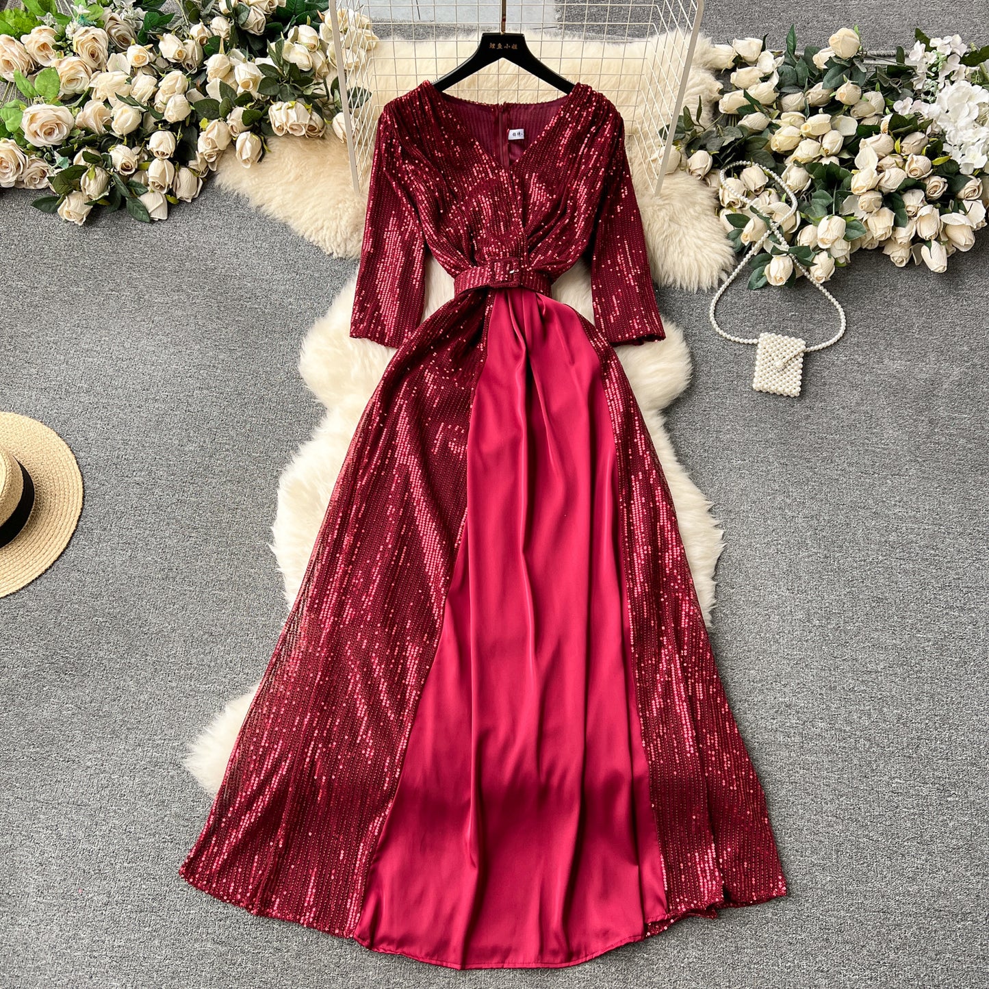 Elegant V-neck Slim-fit Long Sequined Dress