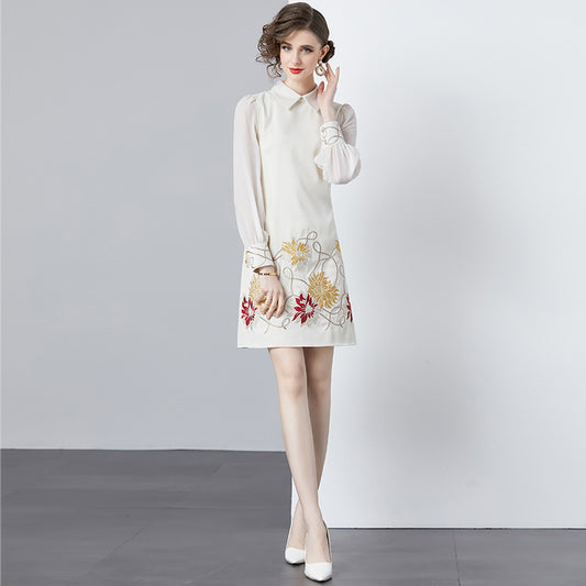 Embroidery Stitching Transparent Sleeve Dress Women