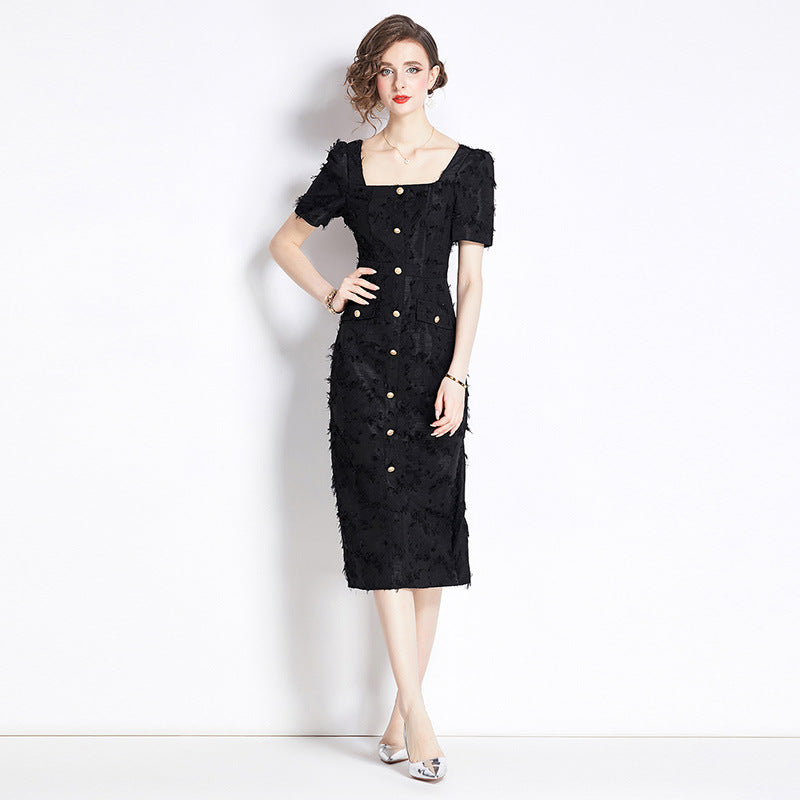 French Hepburn Style Vintage Tassel Black Dress