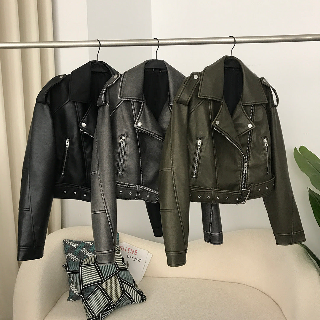 Spring And Autumn Women's Two-color Washed Leather Worn Motorcycle European And American Style Jacket Leather Coat Coat