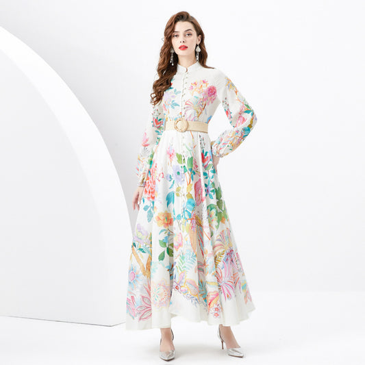 Vacation Style Retro Stand Collar Single-breasted Printed Wide Swing Long Dress