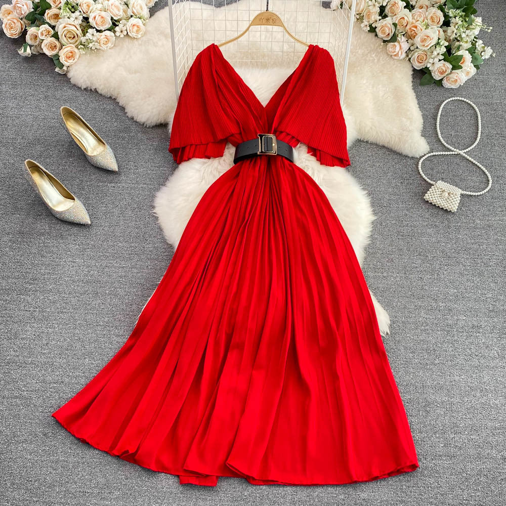 Socialite Temperament V-neck Flounce Waist Slimming A- Line Pleated Dress Elegant Swing Long Dress