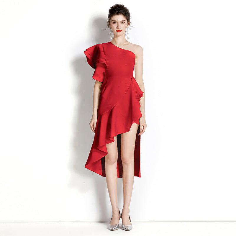 Three-dimensional Ruffled Shoulder Irregular Mid-length Dress