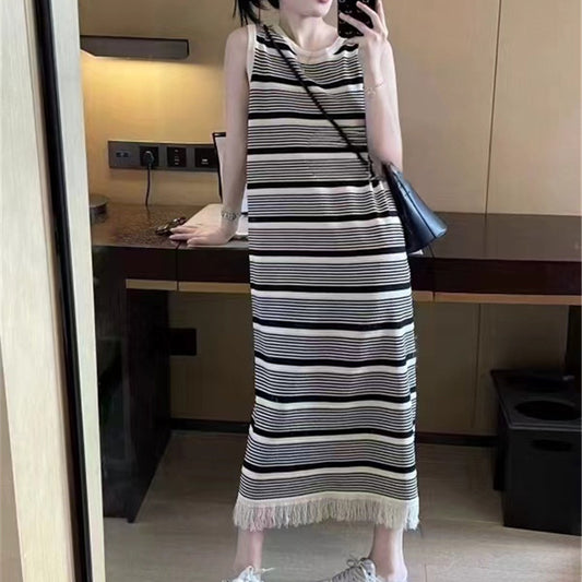 Tassel Striped Knitted Vest Sleeveless Dress
