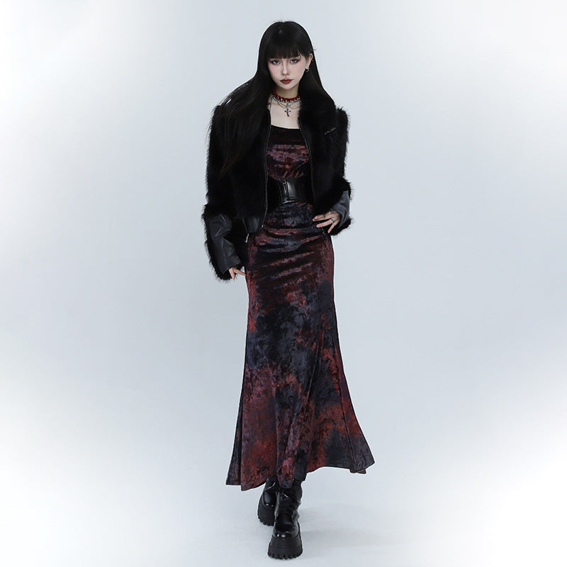 Ghost Girl – Schwarzes, rotes Samtkleid mit Fischschwanz