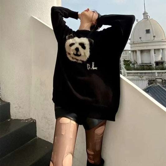 Dreidimensionaler Panda-Pullover mit lockerem Rundhalsausschnitt für Damen