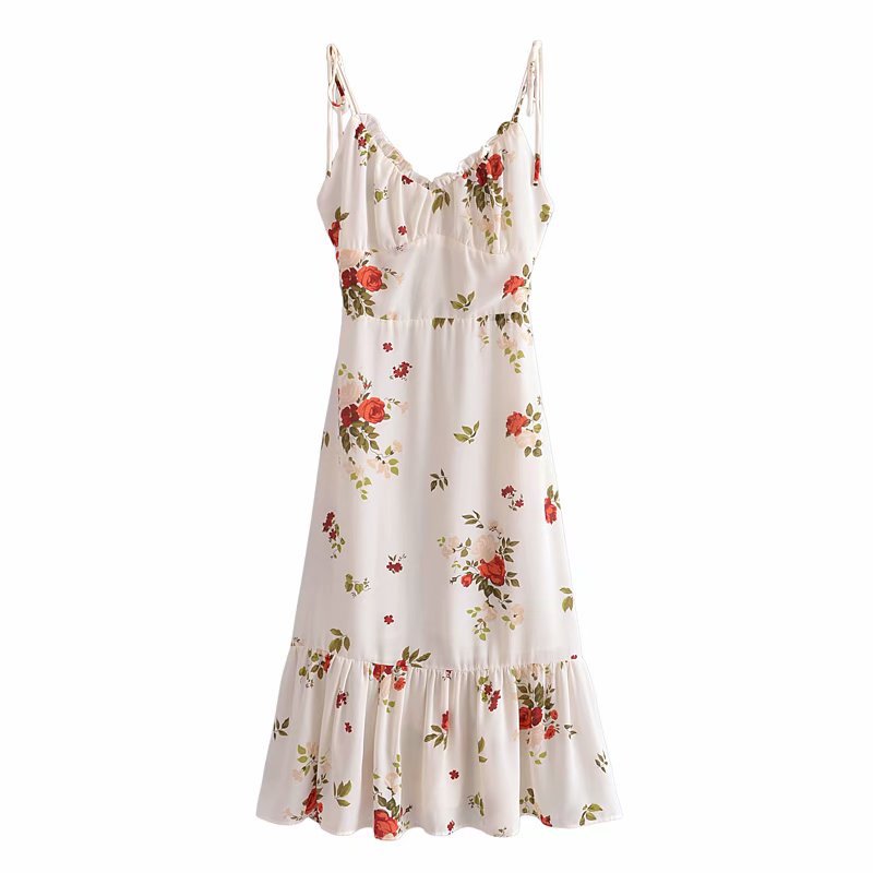 French Retro Printed V-neck Waist Trimming Spaghetti Straps Dress