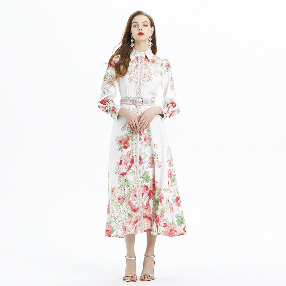 Vacation Style Blouse Collar Floral Print Long Sleeve Waist Single Breasted Ruffled Long Dress