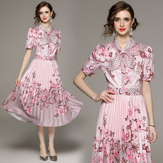 Younger Cinched Slimming Positioning Printing Short Sleeve Pleated Dress