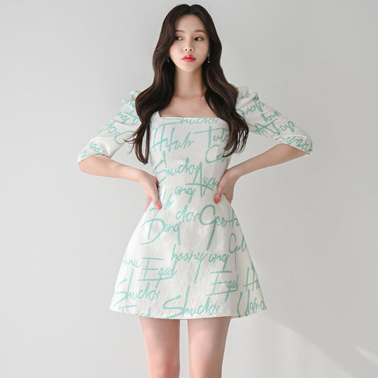 Fashion Cute Square Collar Jacquard Three-quarter Sleeve Waist Slim And A- Line Dress