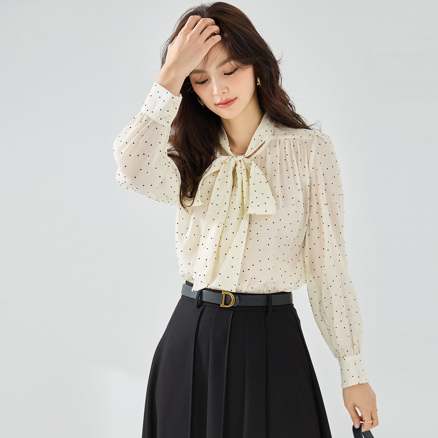 All-match Polka Dot Shirt Bow Streamer Long Sleeve