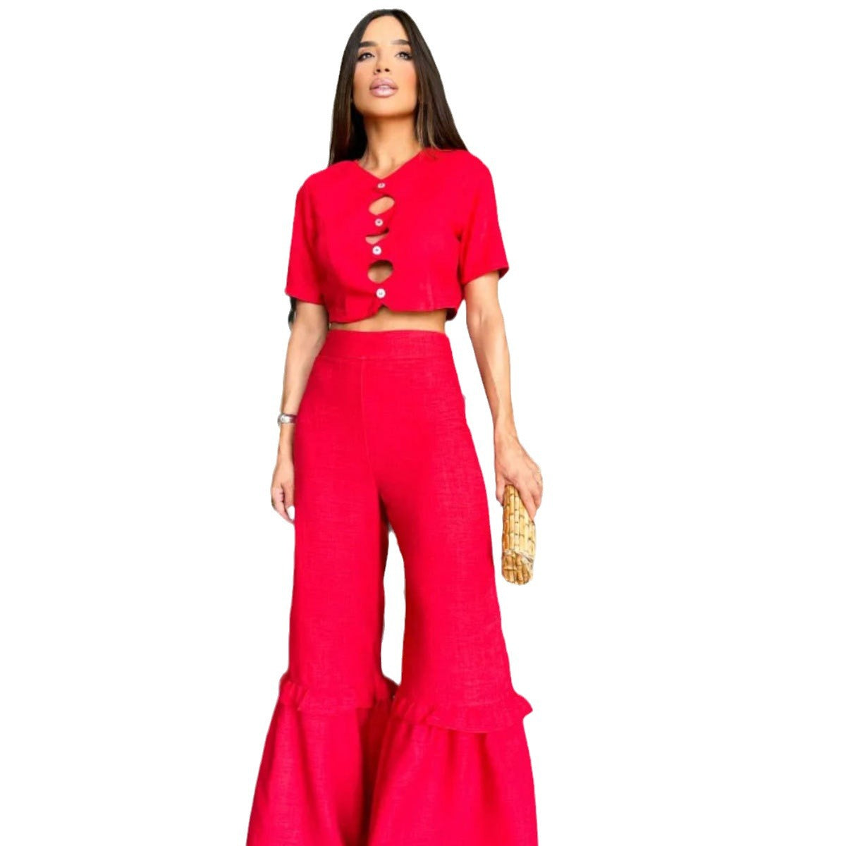 Women's Short Sleeve Hollow-out Midriff Wide Leg Fashion Suit