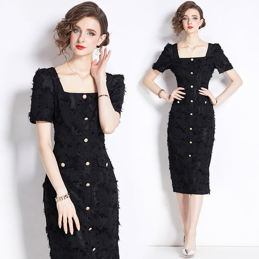 French Hepburn Style Vintage Tassel Black Dress