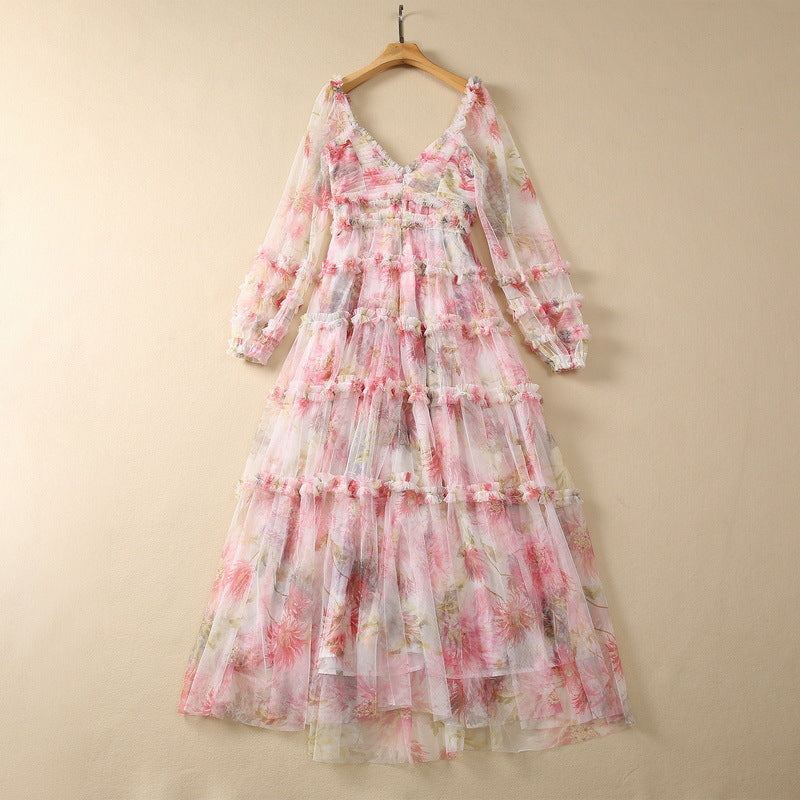 Fungus Pleated Mesh Floral Long Sleeve Backless Dress