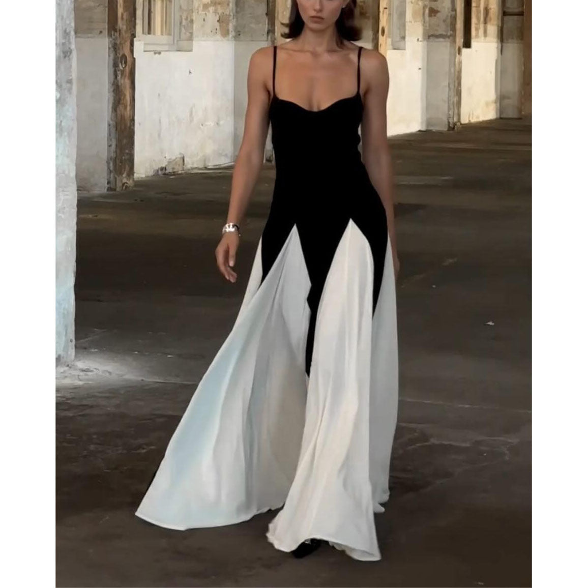 Damen Sling Farbkontrast Patchwork Off-the-Shoulder Printed Kleid