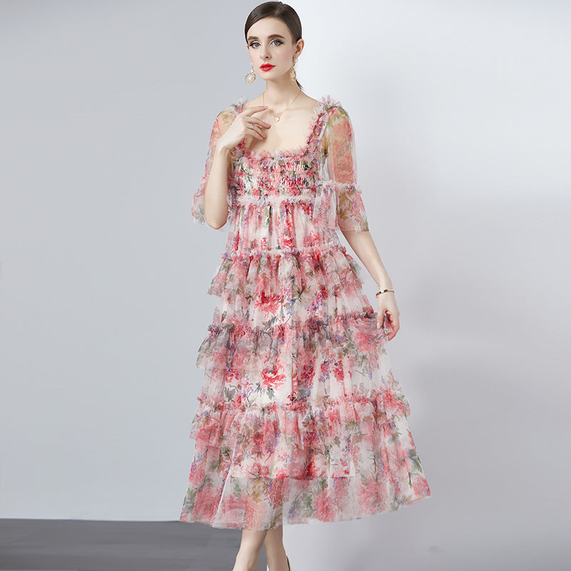 Heavy Industry Net Yarn Printed Cake Dress