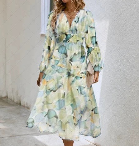 Deep V Print High Waist Long Sleeves Dress Women