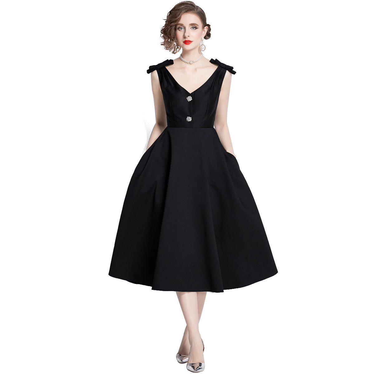 Heavy Industry Three-dimensional Bow Diamond V Neck Tight Waist Large Hem Dress