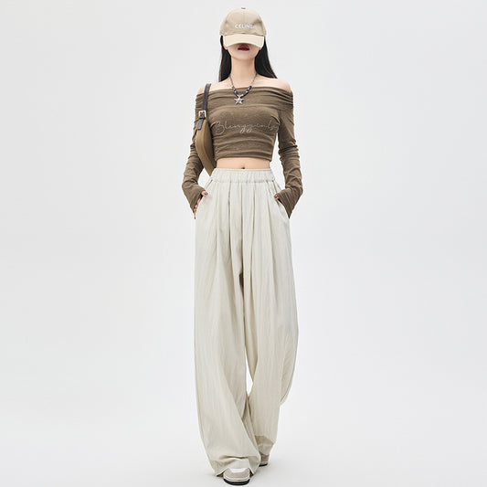 Texture Washed Cotton Wide-leg Pants Draping Effect Casual Straight-leg