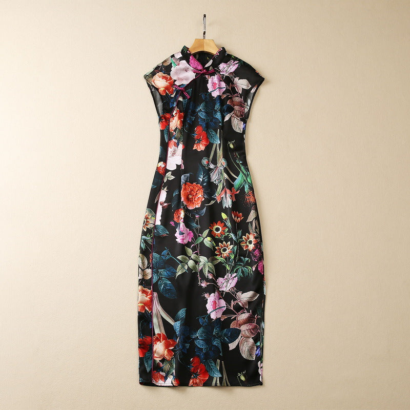 Split Vintage Buckle Piping Floral Print Acetate Dress