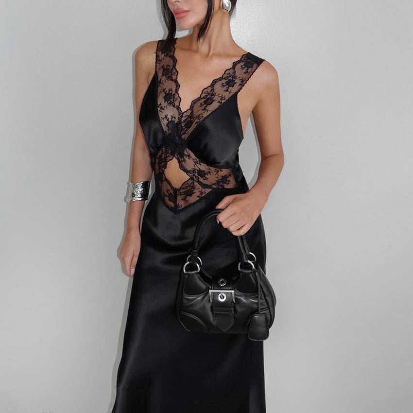 Langes Damenkleid mit Spitzenspleißung und Sling