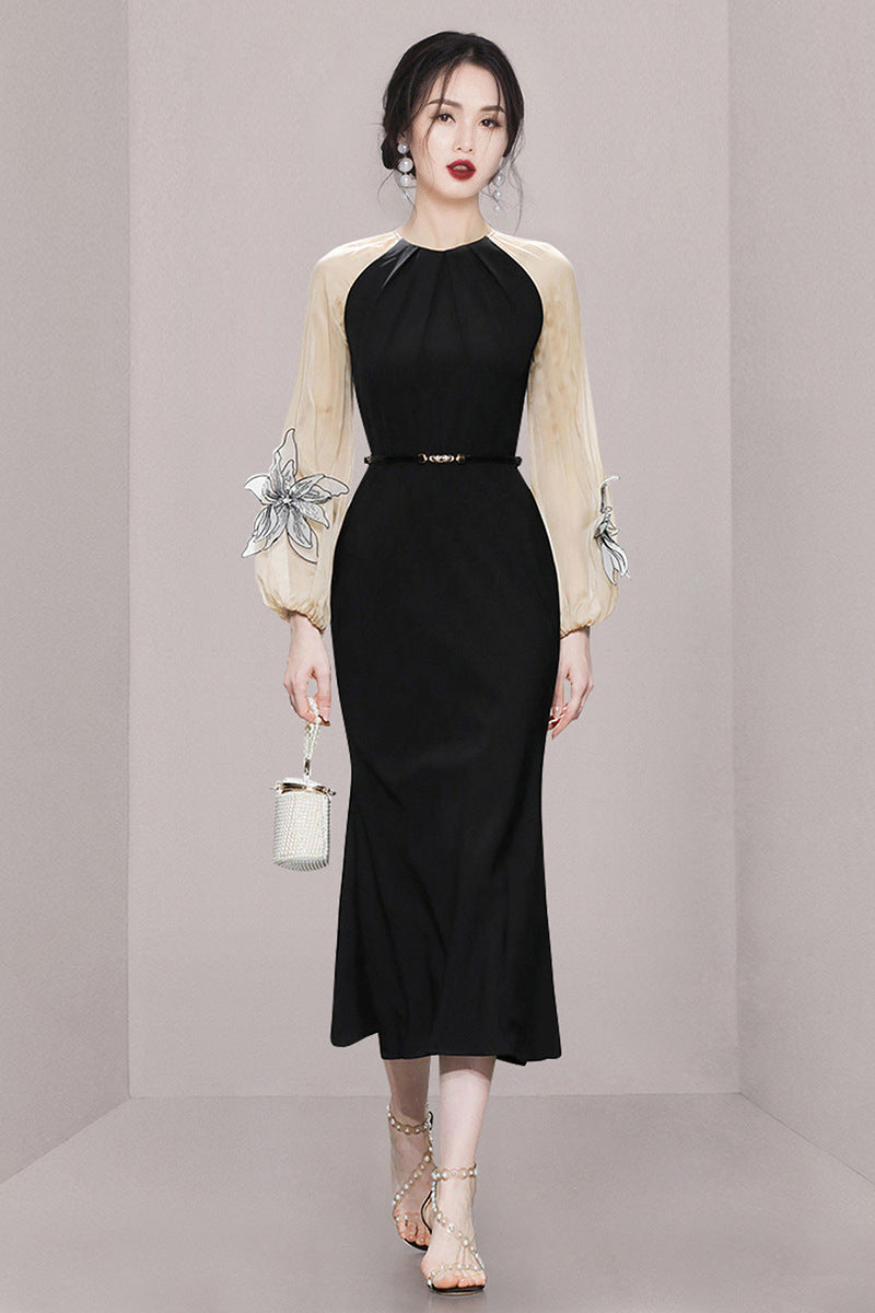 Elegant Contrast Color Lantern Sleeve Slim Fit Waist-controlled Slimming Black Dress