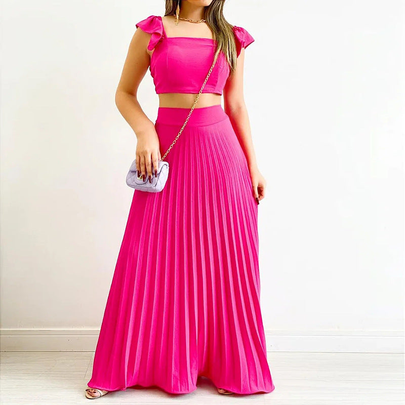 Solid Color Short Vest High Waist Pleated Long Skirt Casual Suit