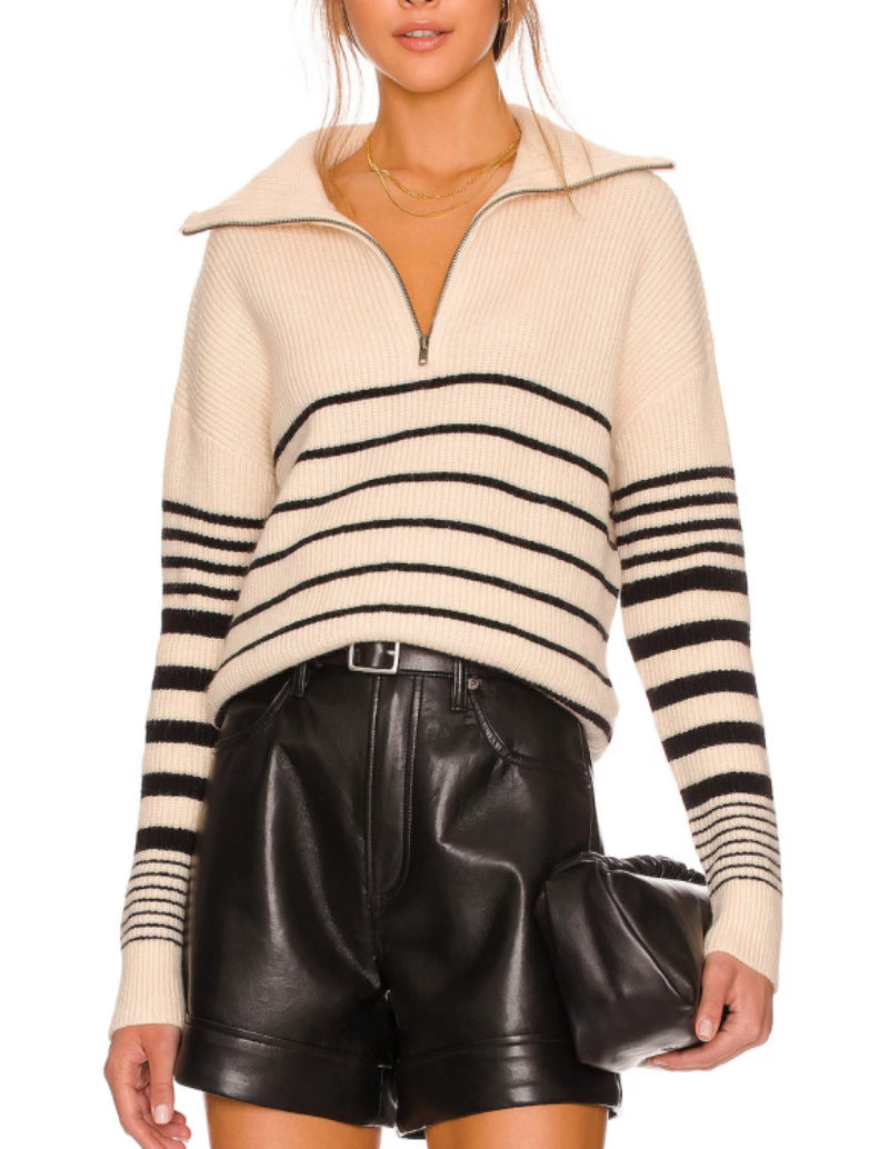 Striped Color Matching Long-sleeve Women's Top Zipper Pullover