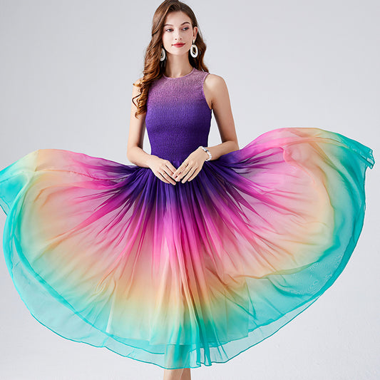 A- Line Rainbow Gradient Chiffon Dress