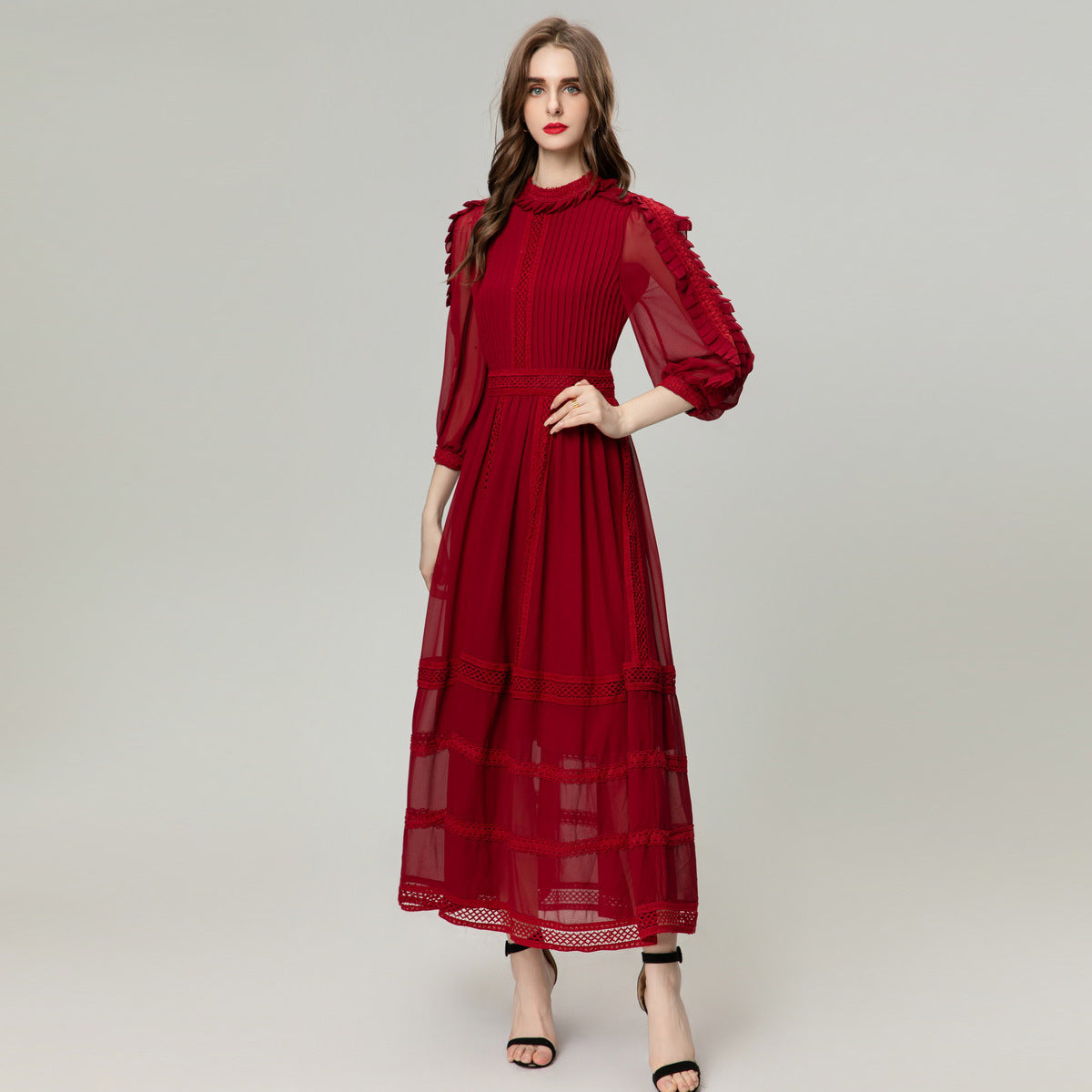 Folding Pleated Strip Heavy Industry Patchwork Long Dress