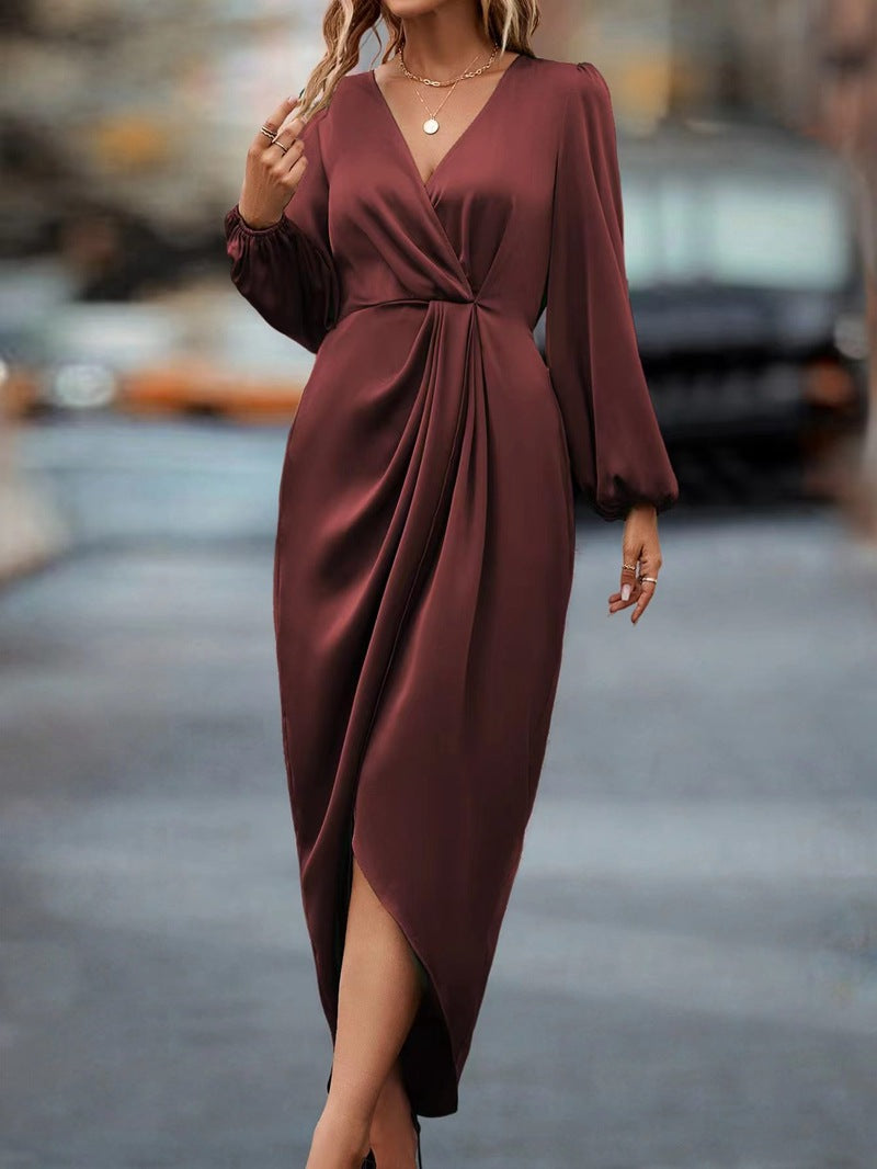 Temperament Reine Farbe Taille-enges Split V-ausschnitt Kleid Frauen