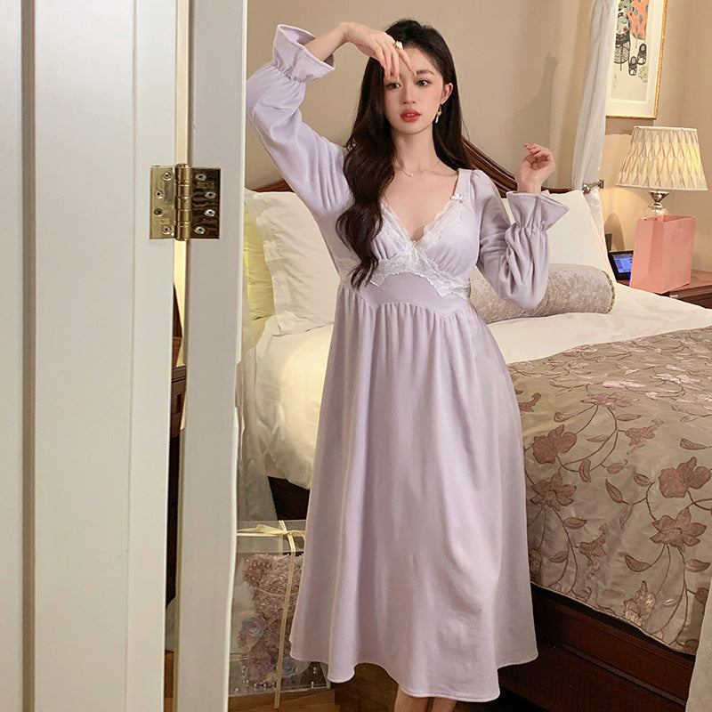 Women's Autumn Long-sleeved Bathrobe Fleece-lined Thickened Nightdress