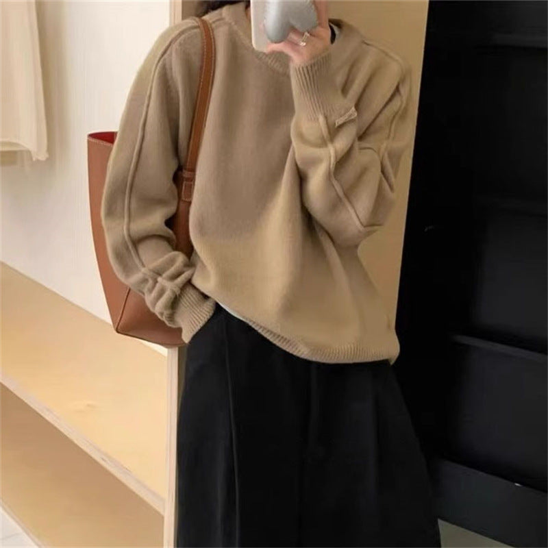 Women's Solid Color Round Neck Knitted Bottoming Shirt