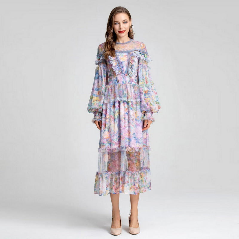 Smocking Elastic Waist Voile Printed Super Long Sleeve Dress