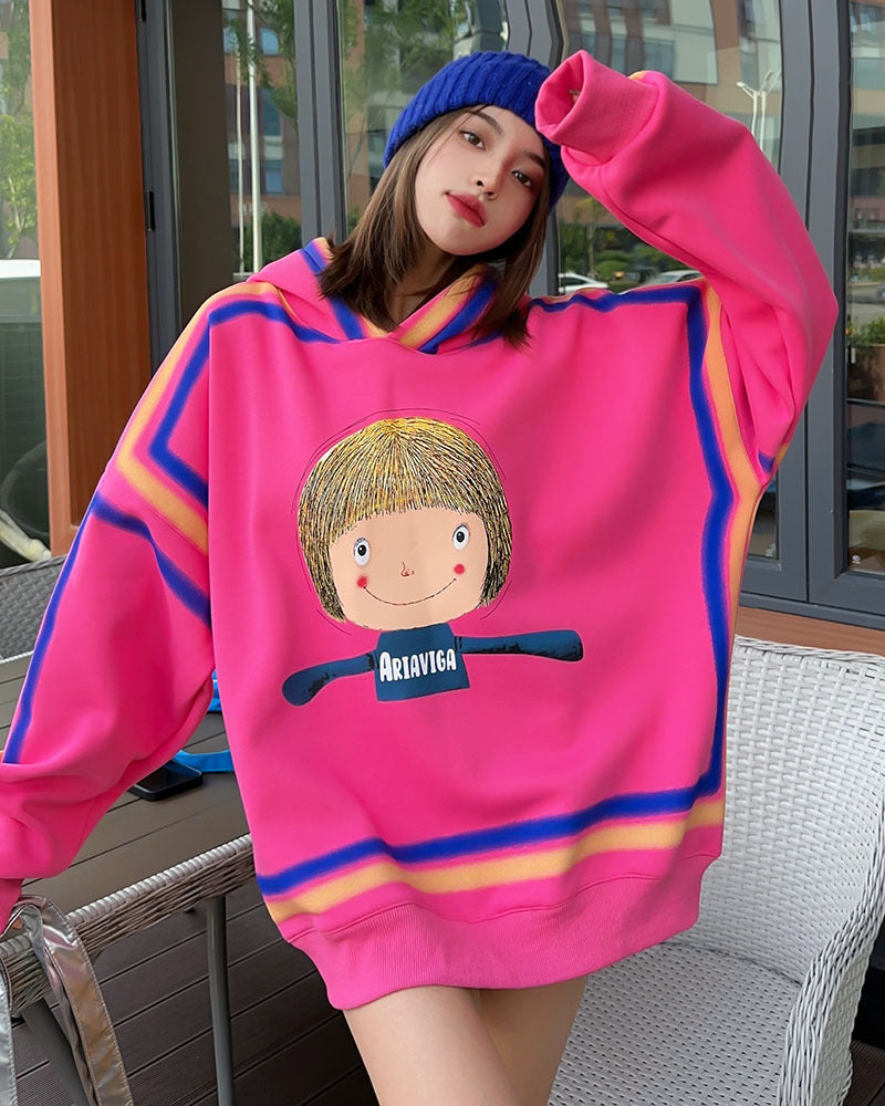 Sudadera con capucha acolchada de terciopelo con estampado de dibujos animados para mujer