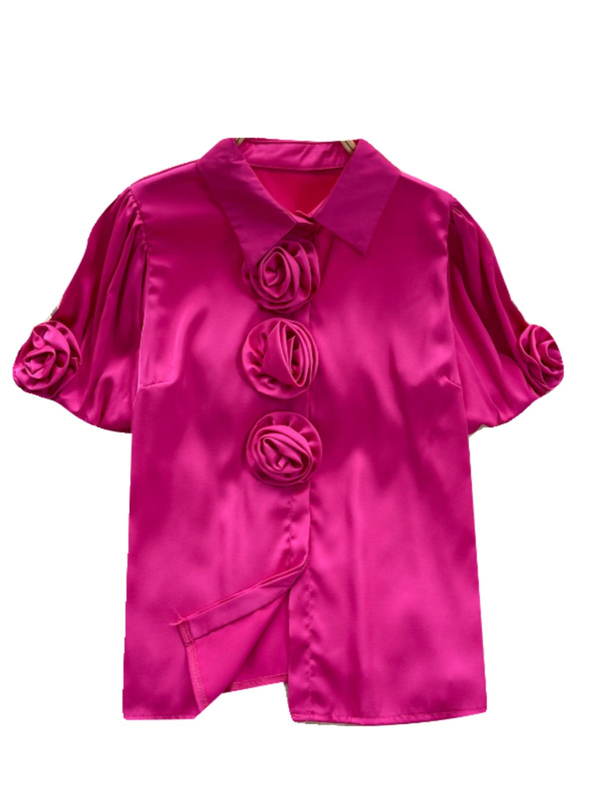 Three-dimensional Flower Puff Sleeve 1 French Satin Top