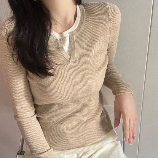 Worsted Round Neck False Two Pieces Woolen Women's Slim Stretch Bottoming Shirt Layered Sweater