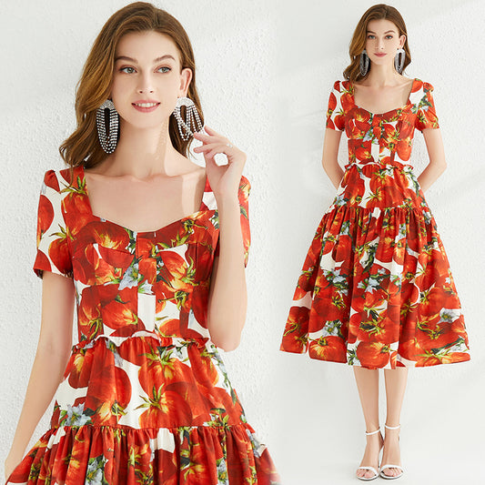 Tomatenrotes Blütenfarbenes Retro-Kleid mit großem Swing und eckigem Kragen und rückenfreiem Schnitt