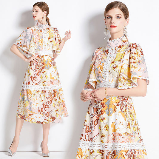 Sweet Ruffle Sleeve Temperament Waist-controlled Slimming Long Printed Ladies' Dress