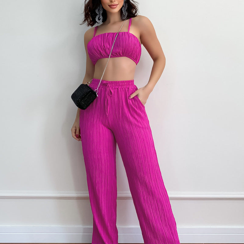 Summer Suit Solid Color Sleeveless Suspender Pleated Fabric Trousers Two-piece Set