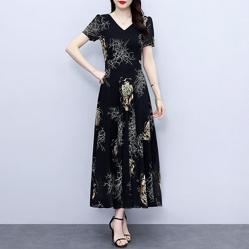 Spring And Autumn Chiffon Floral Dress