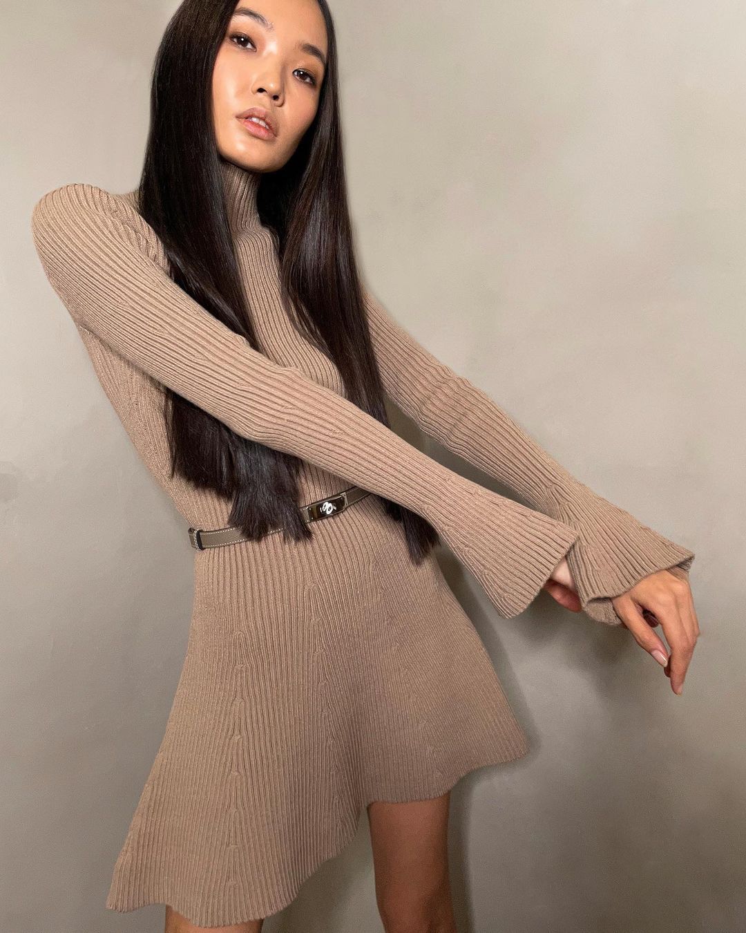 Autumn And Winter Long Sleeves Solid Color Top Turtleneck Sweater High Waist Tight Short Knitted A- Line Dress