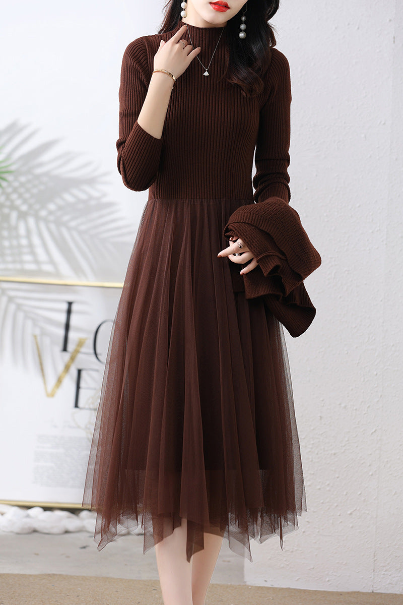 Women's Long Sleeve Knitted Cinched Patchwork Mesh Skirt