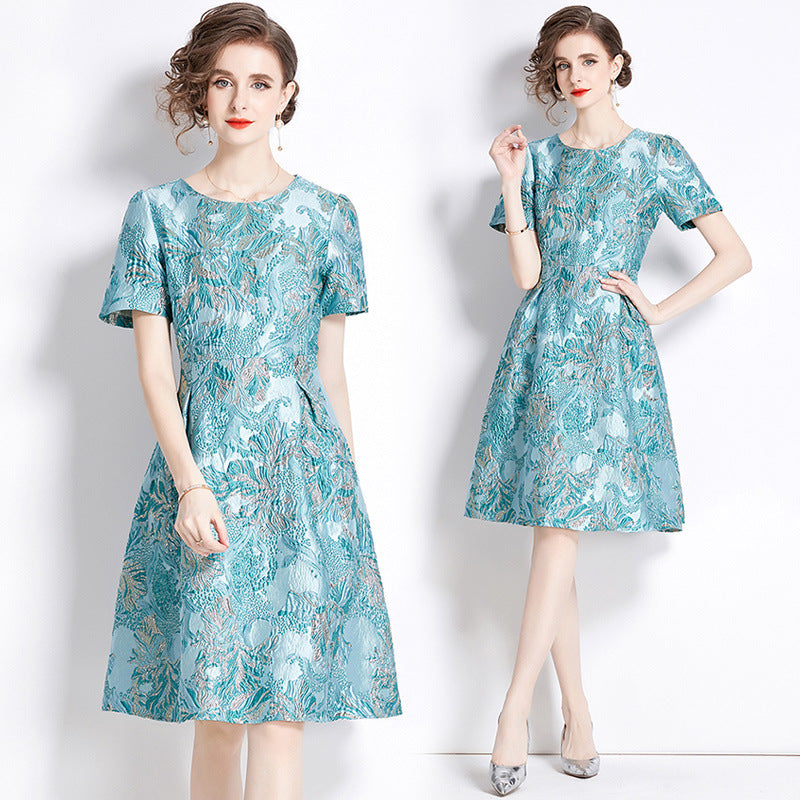 Elegant Slim Waist Color Jacquard Dress