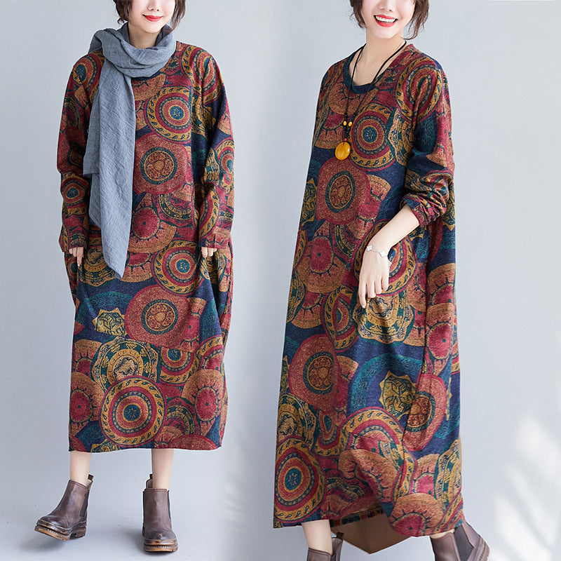 Artistic Retro Printing Loose Oversized Long Sleeves Dress