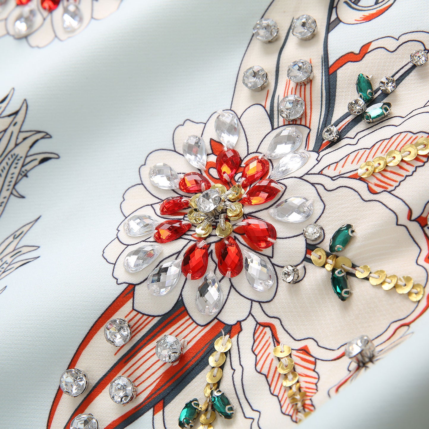 Symmetrical Printed Heavy Industry Beads Diamond Loose Waist Short Sleeve Dress