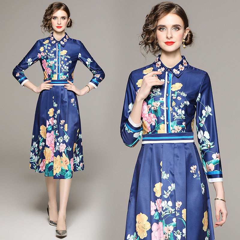 Blue Tight Waist Slimming Positioning Printing Dress