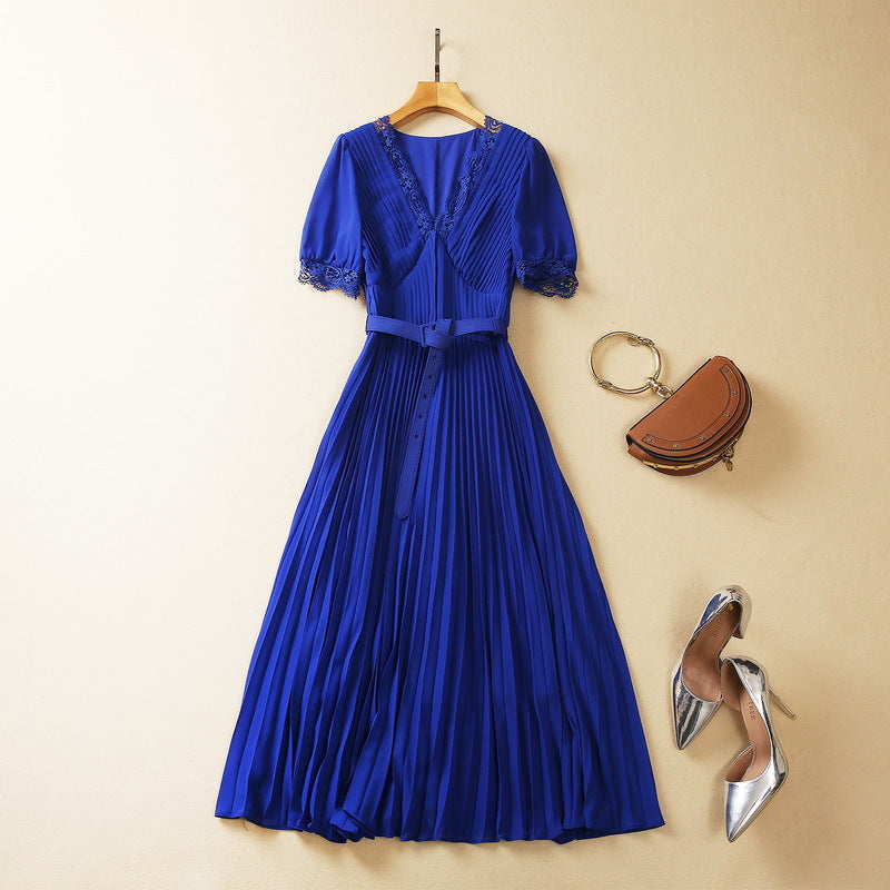 Heavy-duty Pleated Lace V-neck High Waist Chiffon Dress